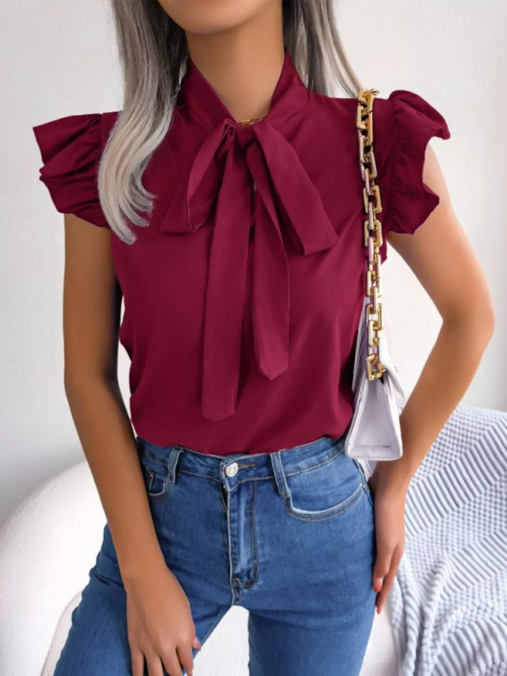Bow Tie Ruffle Sleeve Blouse, image 5