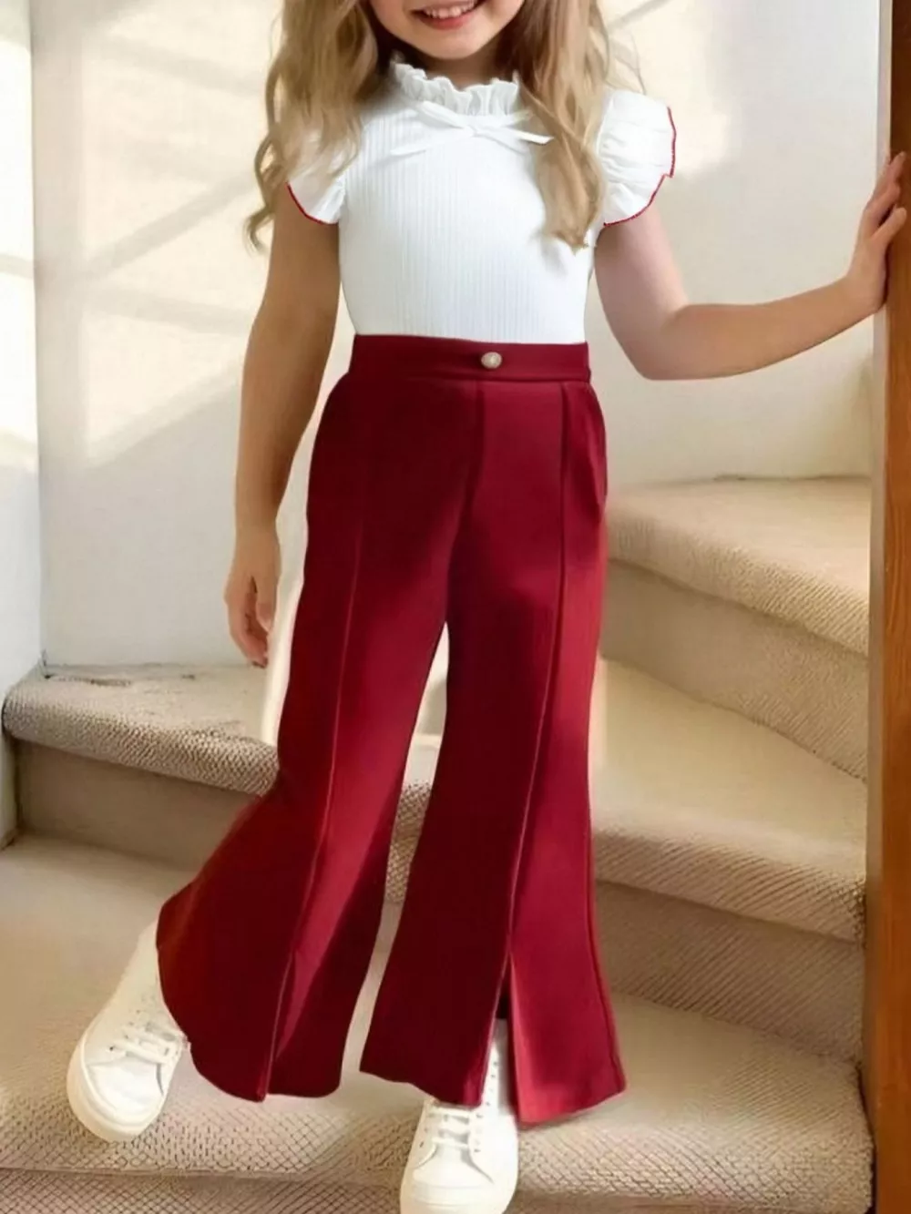 Children's Ruffle Trim Top and Flare Leg Pants Set, image 2