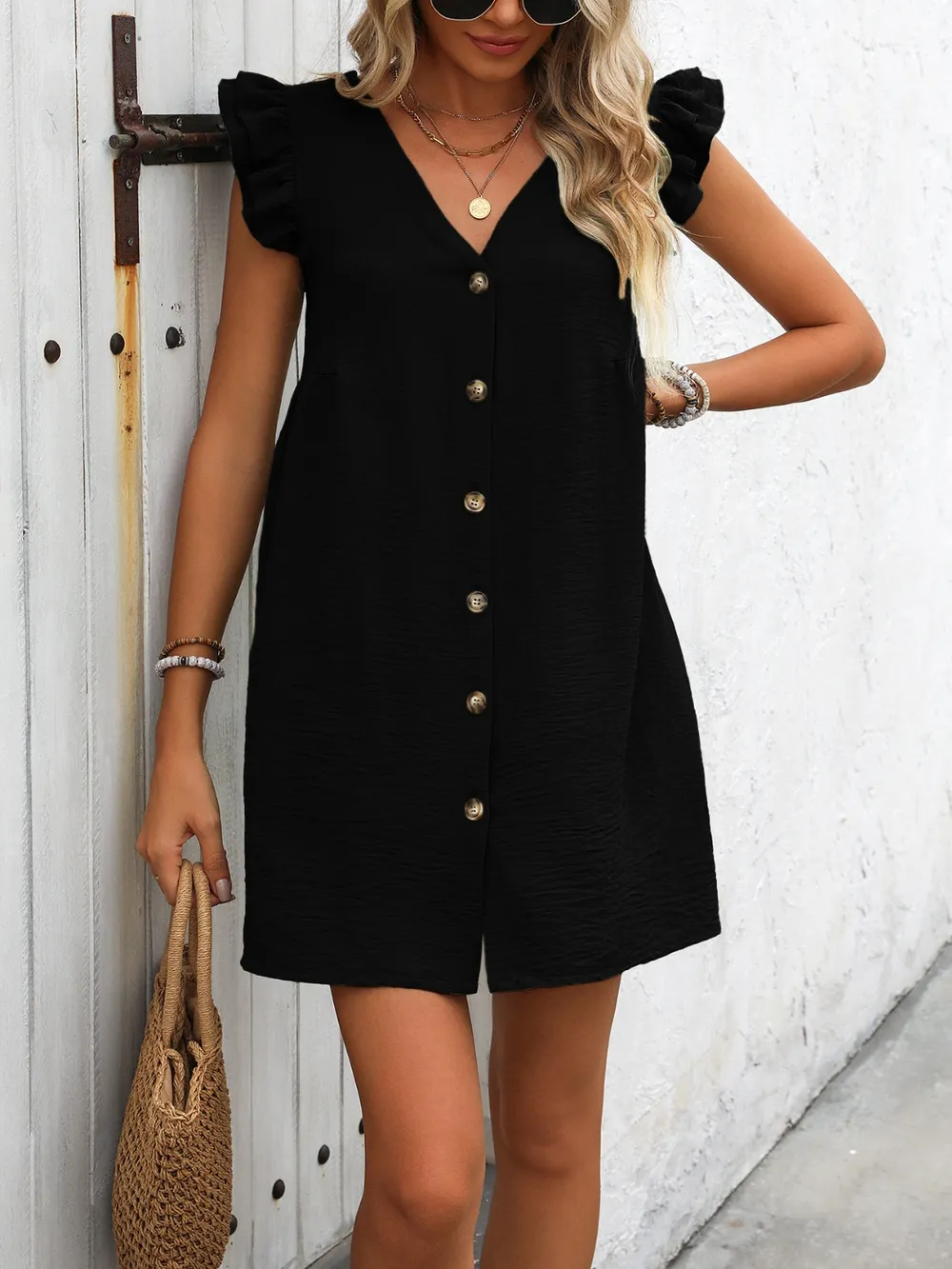 Button Up V-Neck Cap Sleeve Mini Dress, image 28