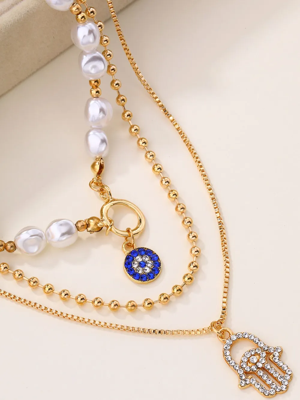 Layered Pearl Chain Evil Eye Hamsa Pendant Necklace, image 4