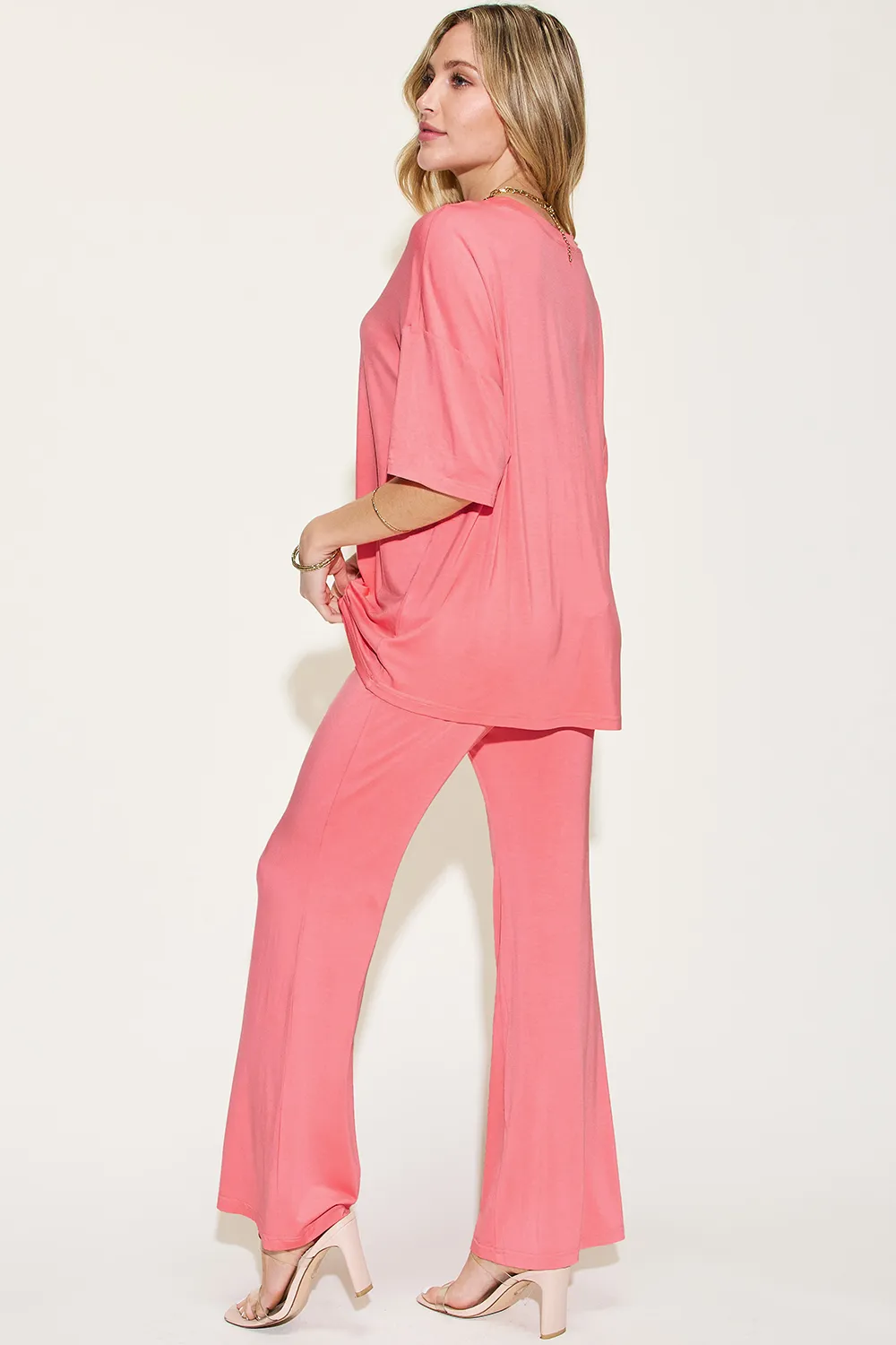 Full Size Bamboo Drop Shoulder T-Shirt and Flare Pants Set, image 16