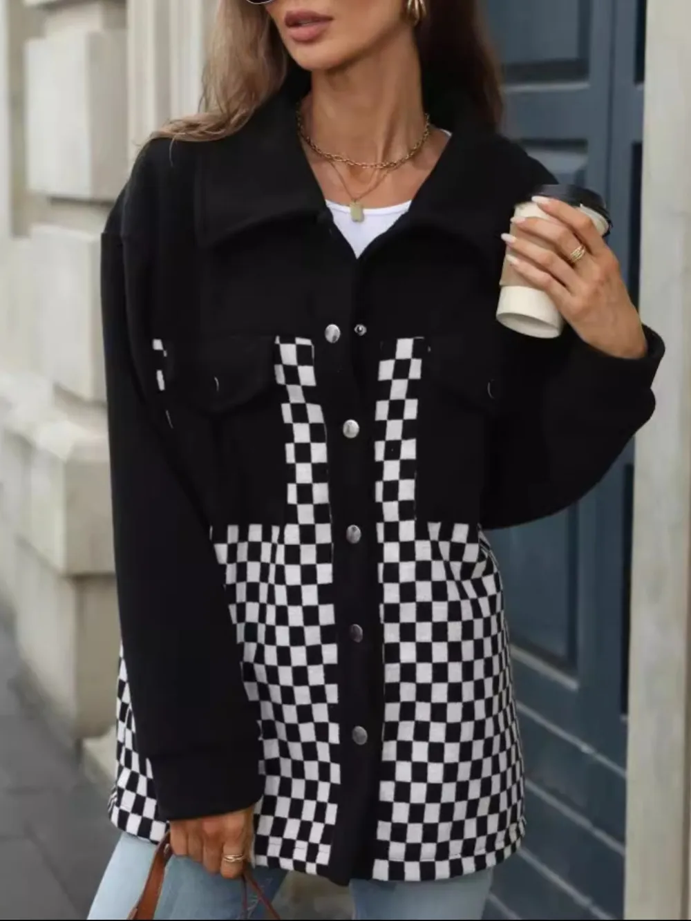 Checkered Snap Down Long Sleeve Jacket, image 4