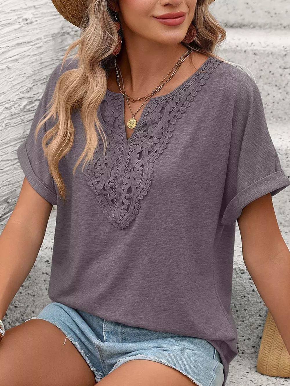 Lace Trim Short Sleeve T-Shirt, image 24
