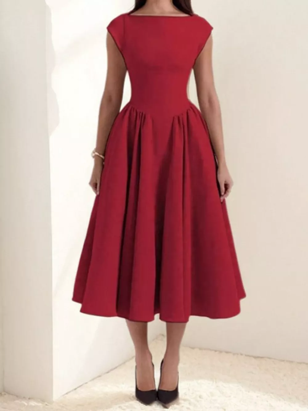 Full Size Cap Sleeve A-Line Midi Dress Plus Size, image 13