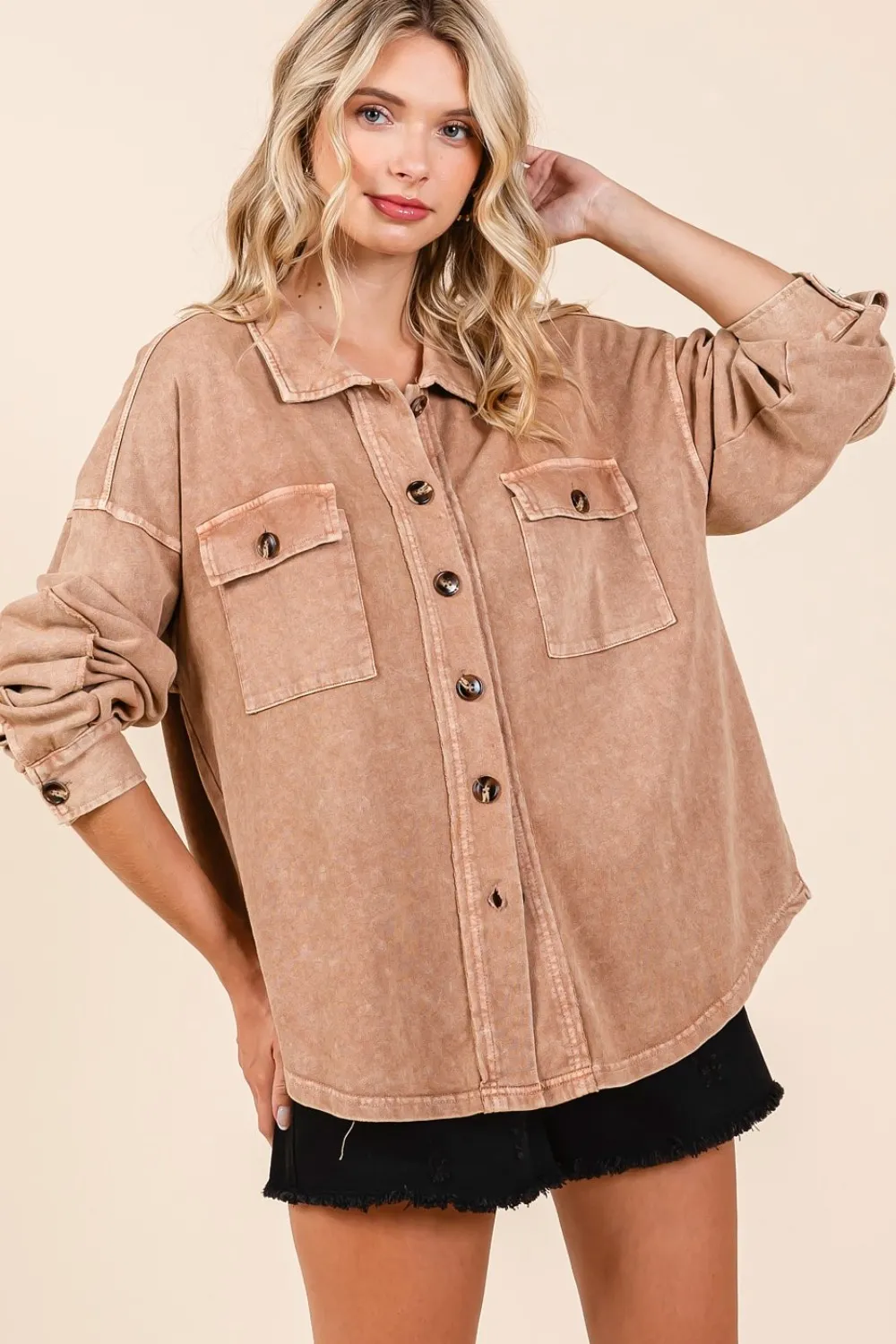 Mineral Wash French Terry Elbow Patch Shacket, image 3