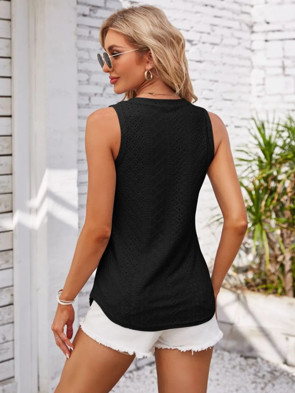 Eyelet Decorative Button V-Neck Tank, image 15