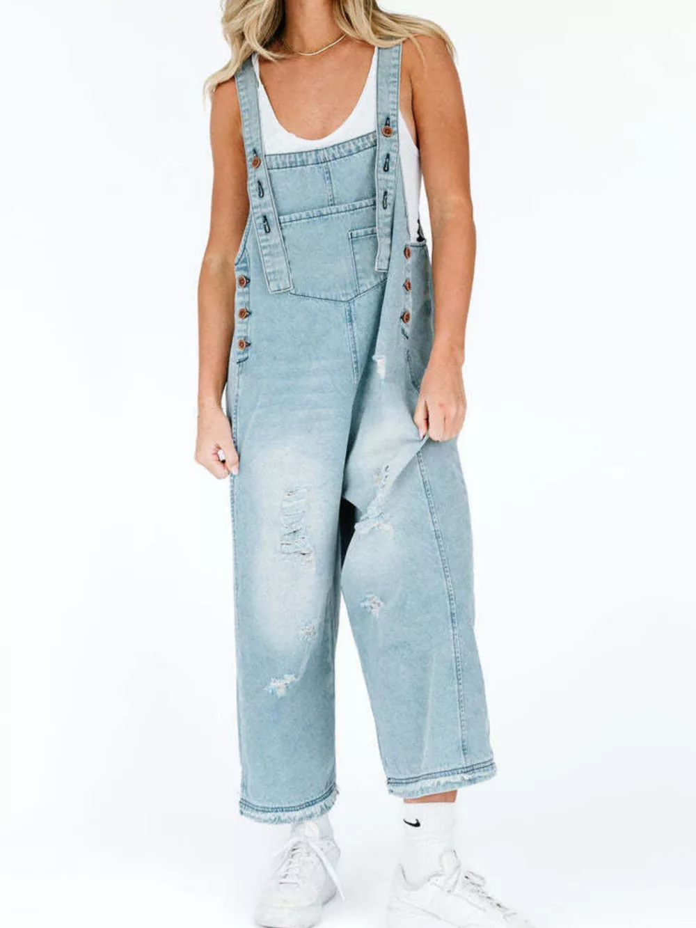 Distressed Wide Leg Denim Overalls, image 21