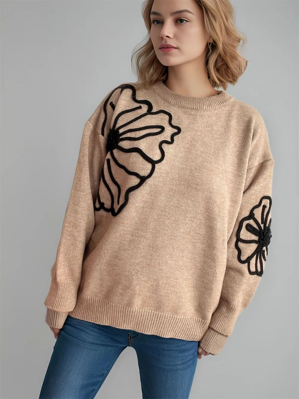 Flower Round Neck Long Sleeve Sweater, image 12