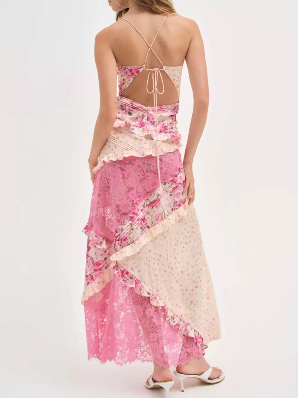 Lace Floral Print Ruffle Trim Maxi Dress, image 4