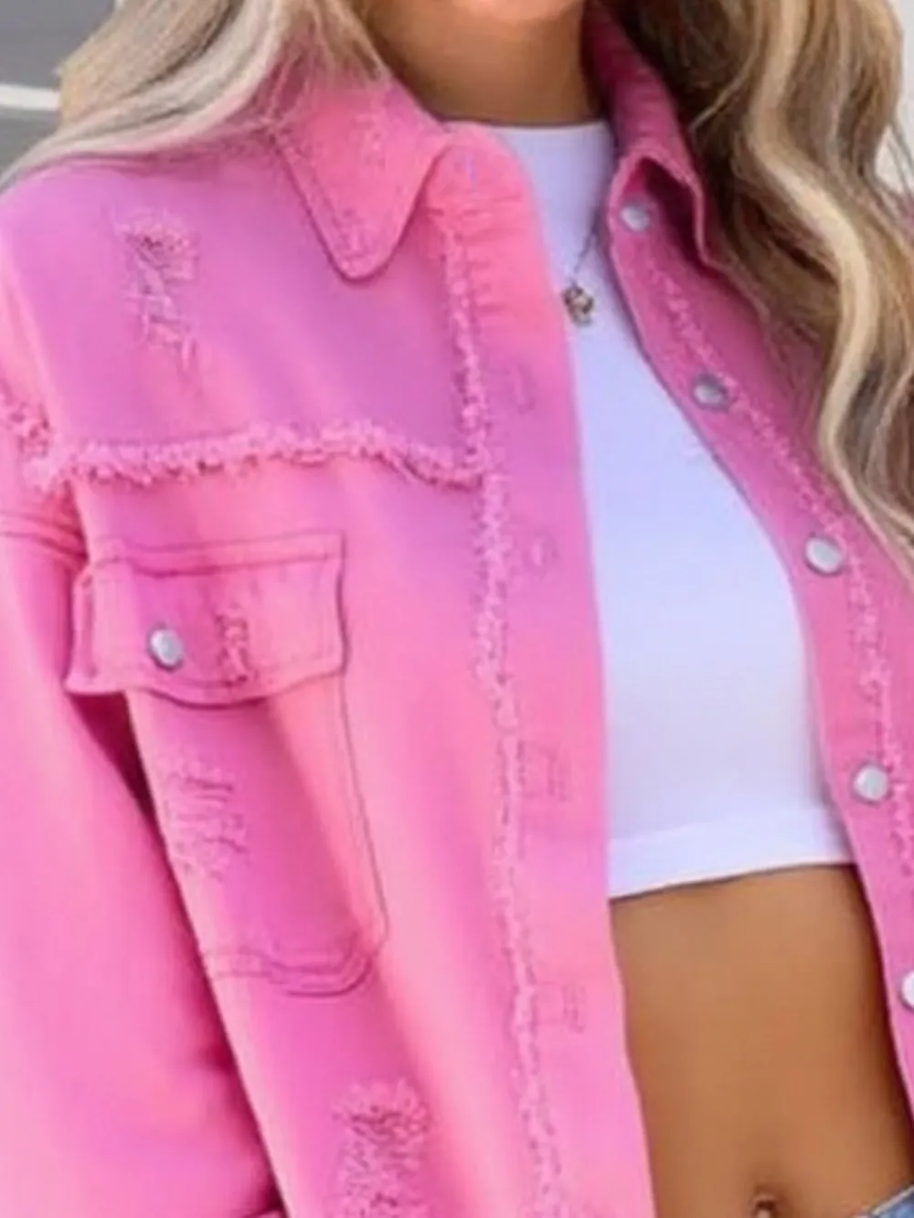 Distressed Denim Jacket with Frayed Edges, image 25