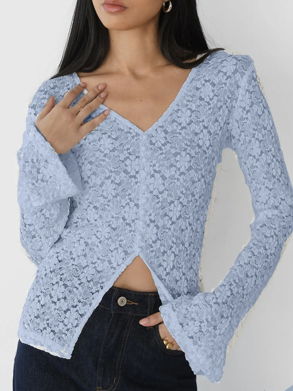 Lace V-Neck Flare Sleeve T-Shirt, image 11