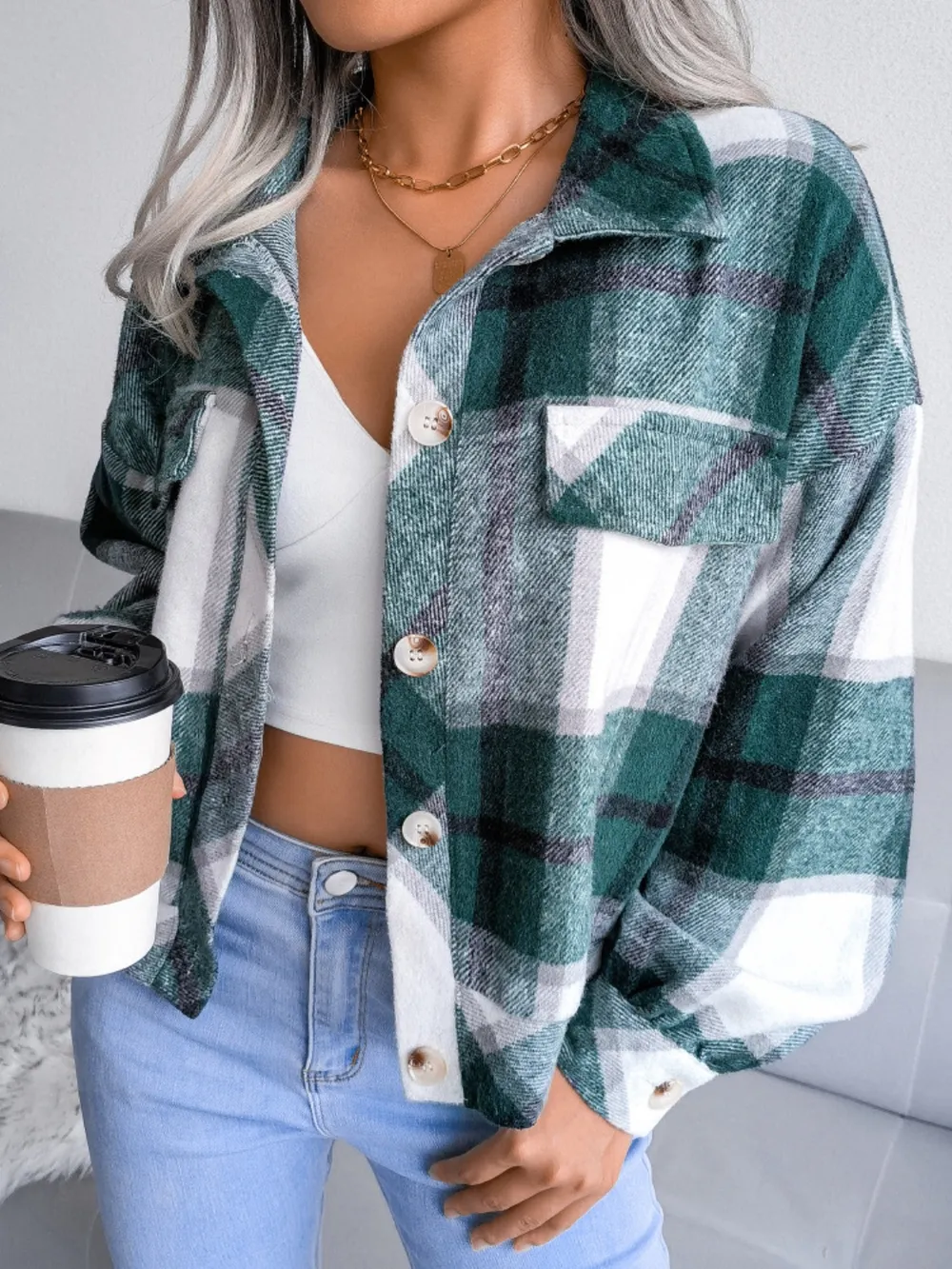 Plaid Collared Neck Long Sleeve Jacket, image 14