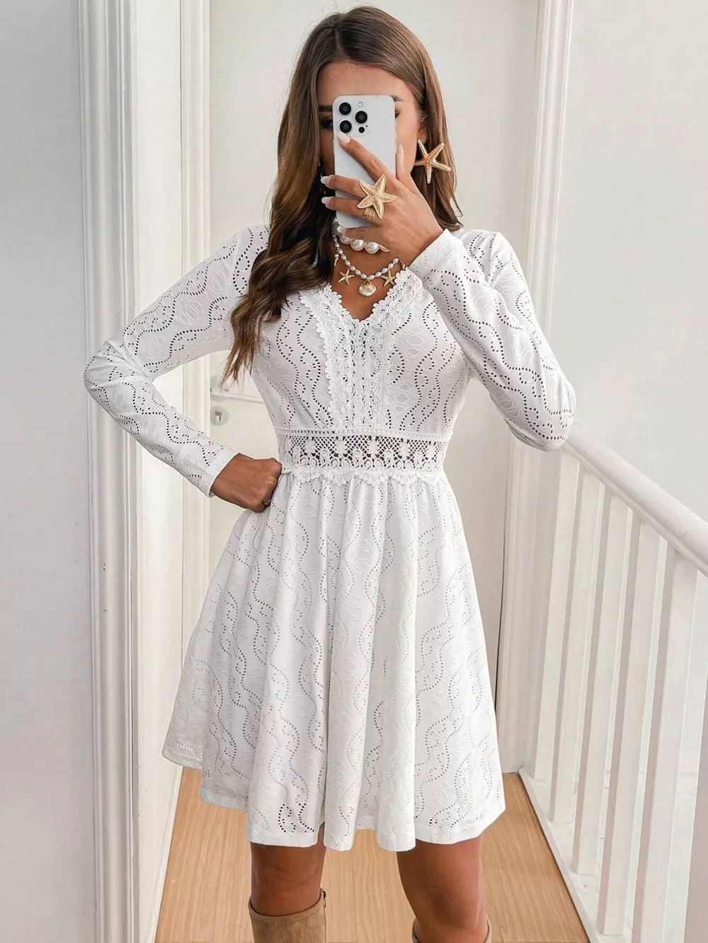 Lace Openwork Long Sleeve V-Neck Dress, image 5