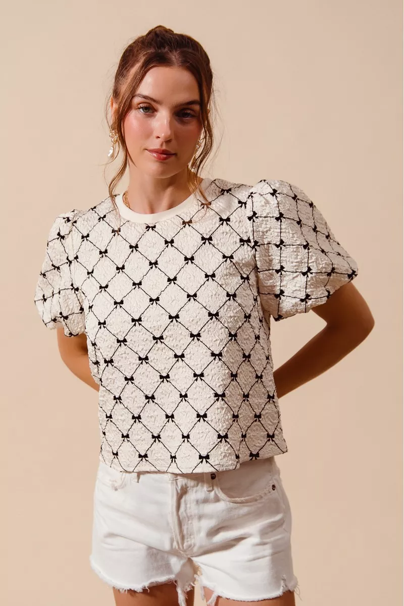 Bow Texture Woven Bubble Sleeve Top, image 3
