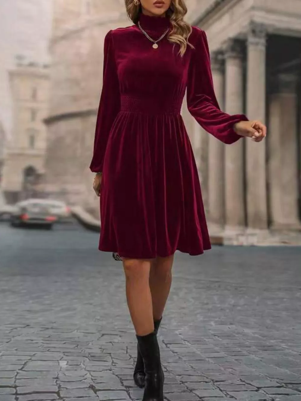 Velvet High Neck Long Sleeve A-Line Dress, image 4