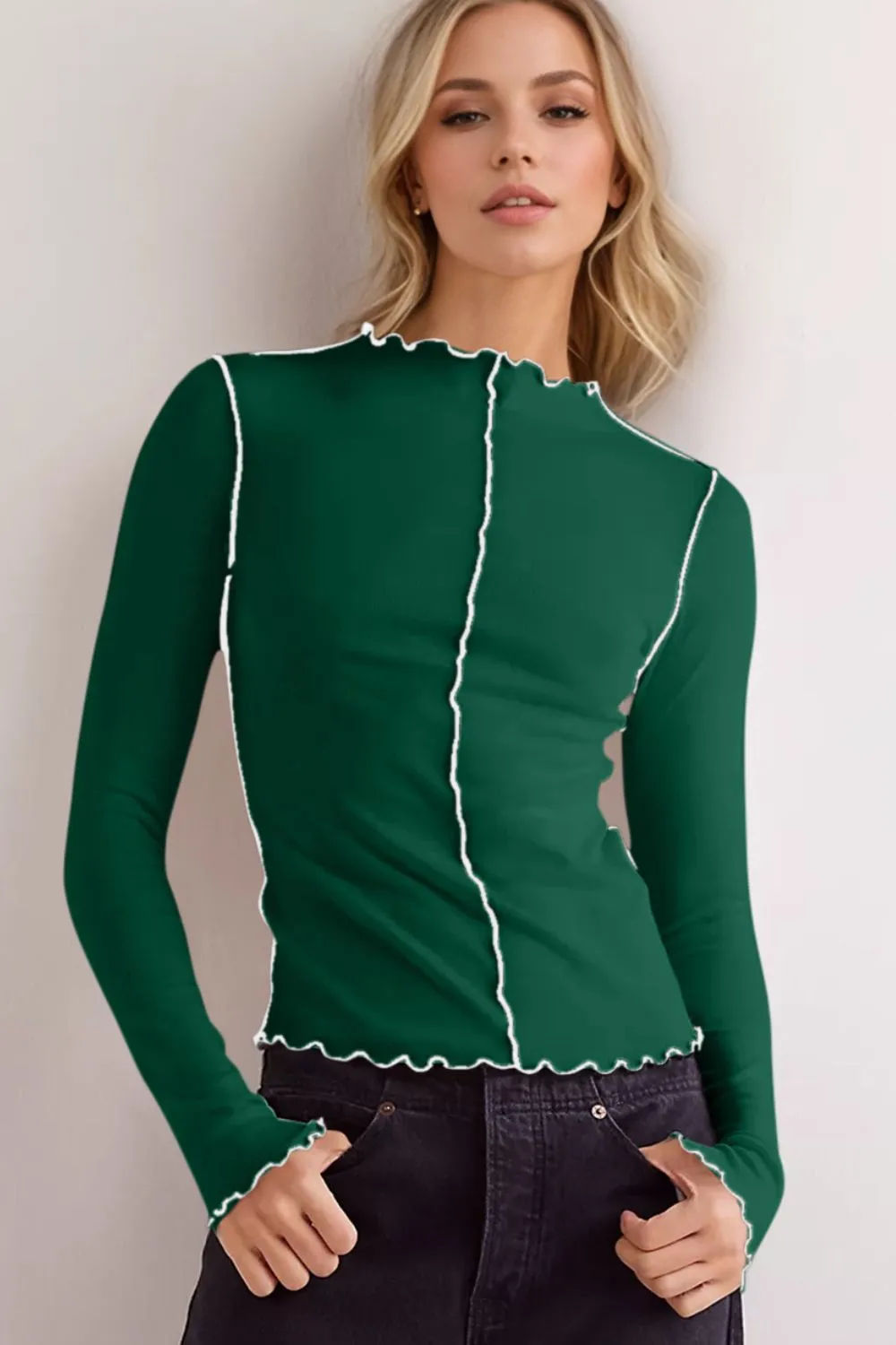 Contrast Trim Mock Neck Long Sleeve T-Shirt, image 9