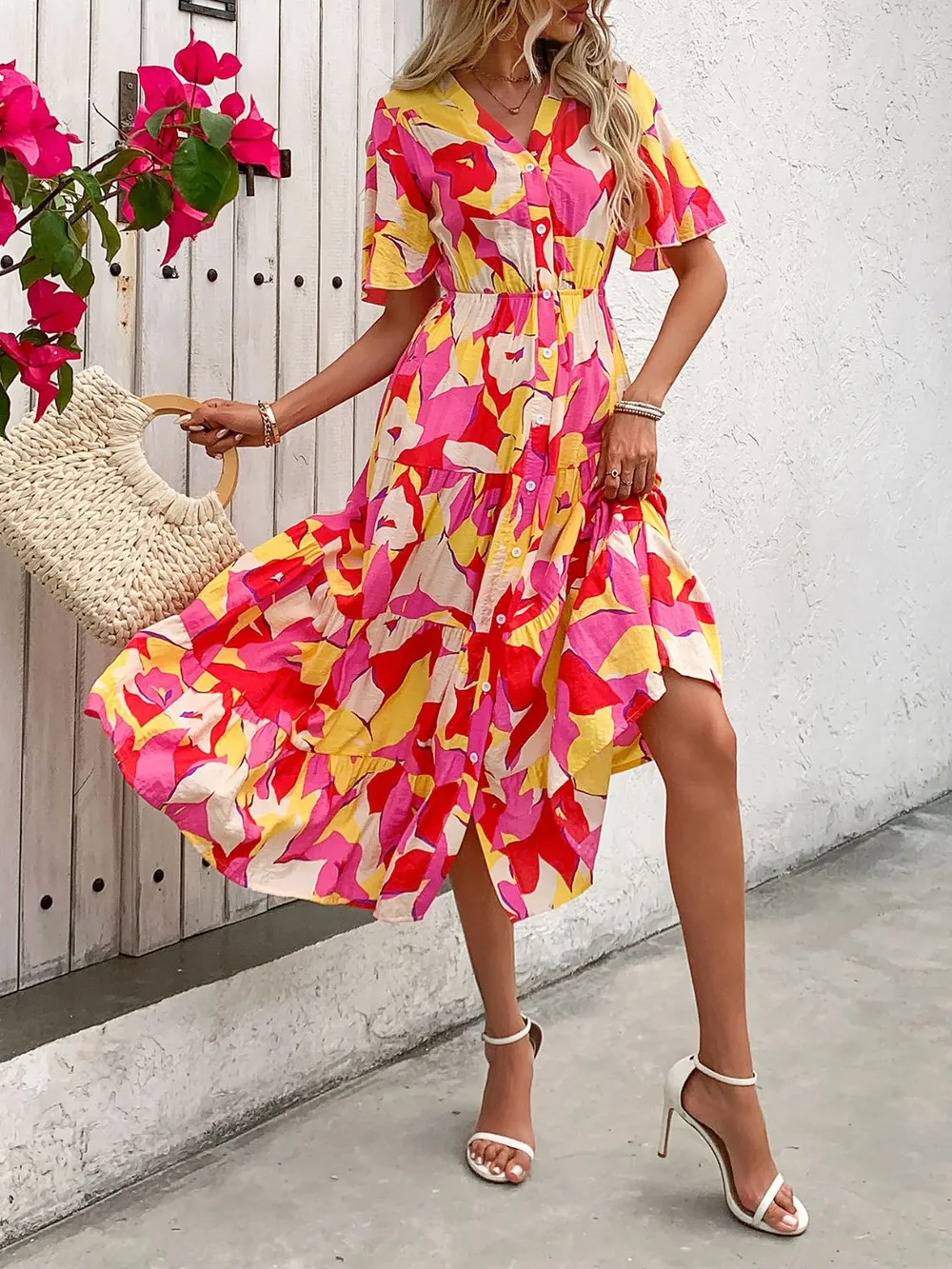 Printed V-Neck Flutter Sleeve Midi Dress, image 6