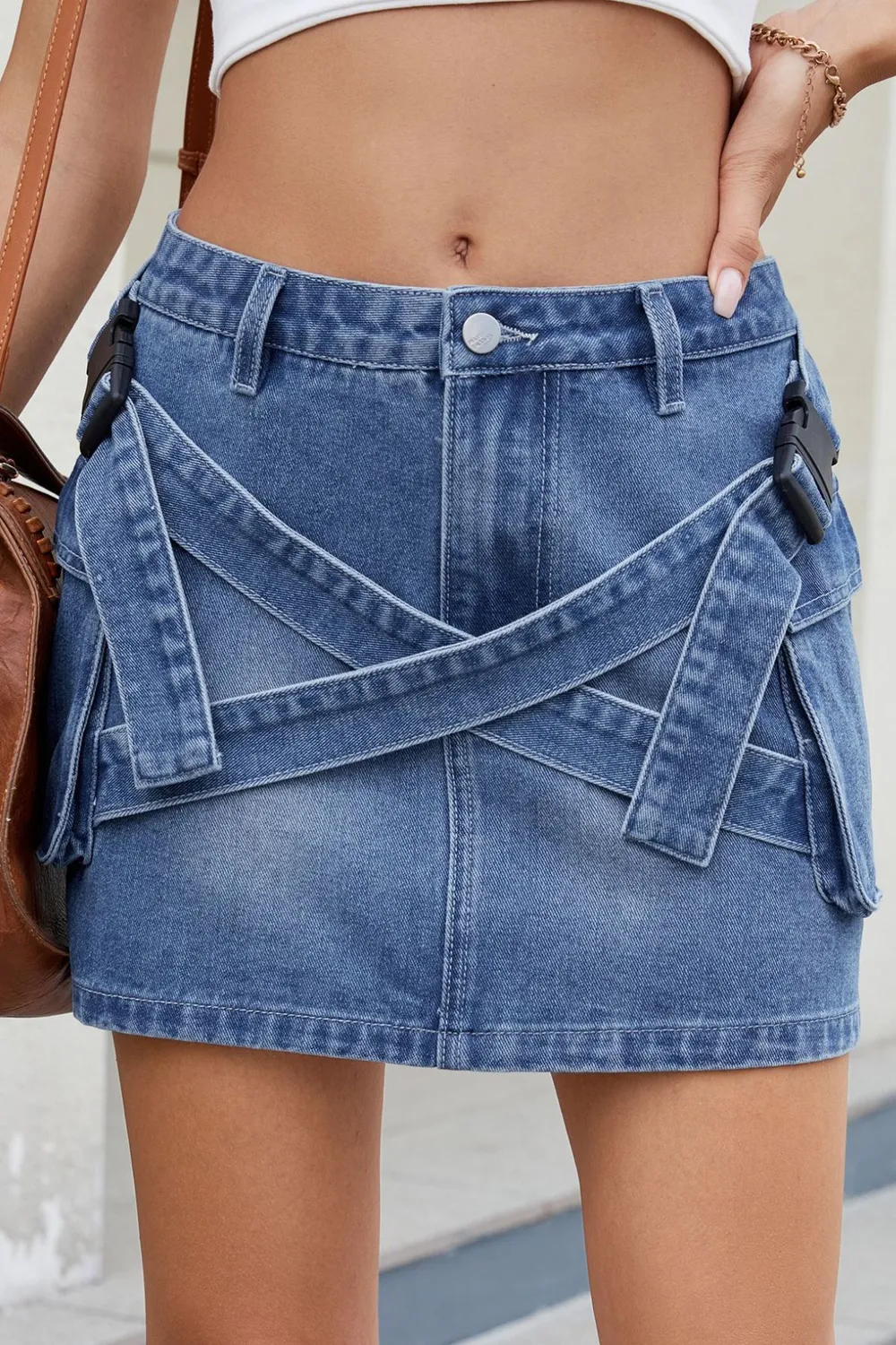 Criss-Cross Waist Detail Denim Mini Skirt, image 6