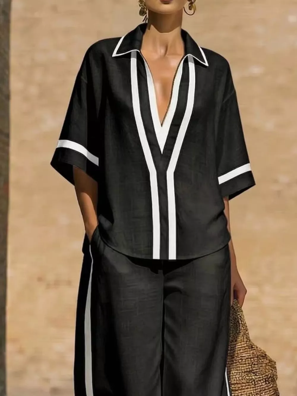 Full Size Contrast Trim Top and Pants Set Plus Size, image 4