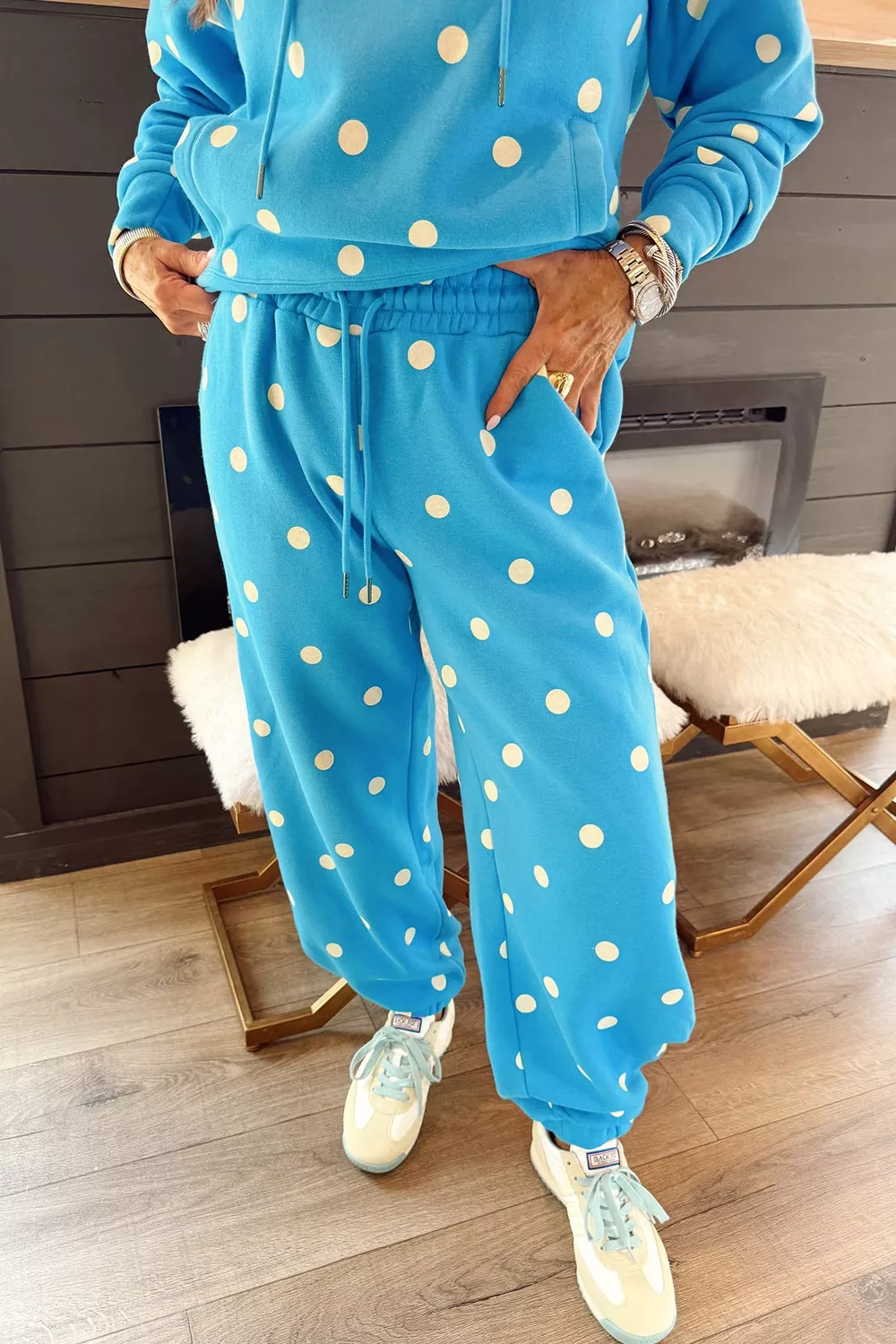 Plus Size Polka Dot Hooded Drawstring Long Sleeve Top and Pants Set, image 5