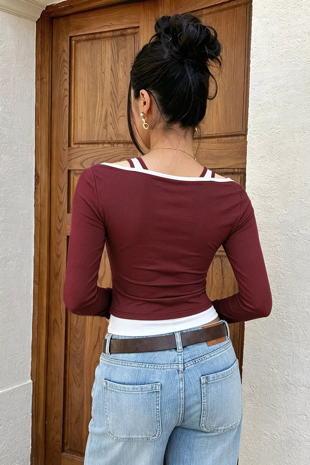 Color-Block Cutout Long Sleeve Slim Fit Top, image 15