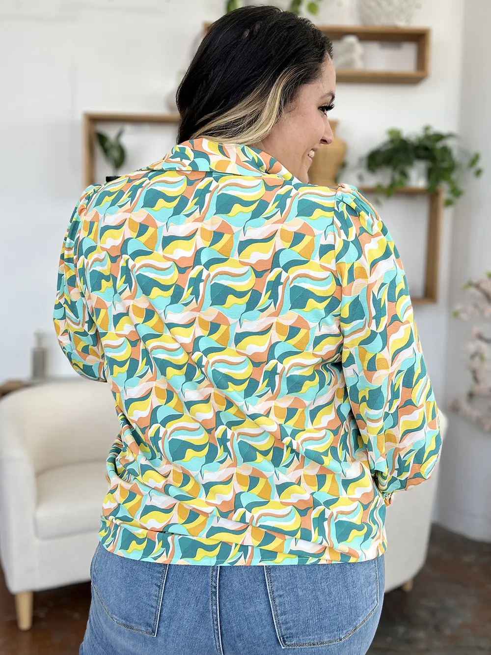 Full Size Printed Smocked Long Sleeve Blouse, image 14