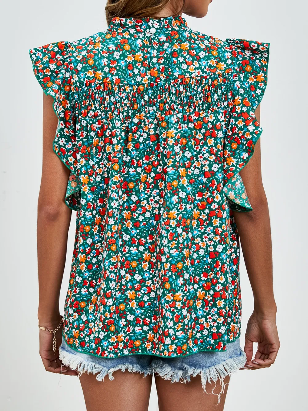Ruffled Ditsy Floral Mock Neck Cap Sleeve Blouse, image 26