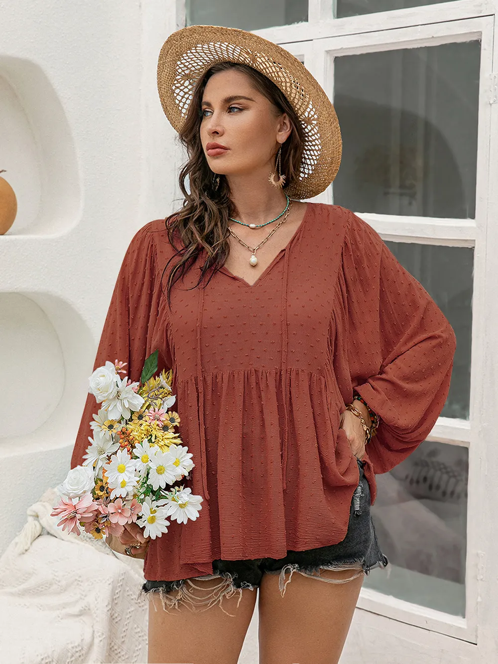 Plus Size Swiss Dot Tie Neck Long Sleeve Blouse, image 5