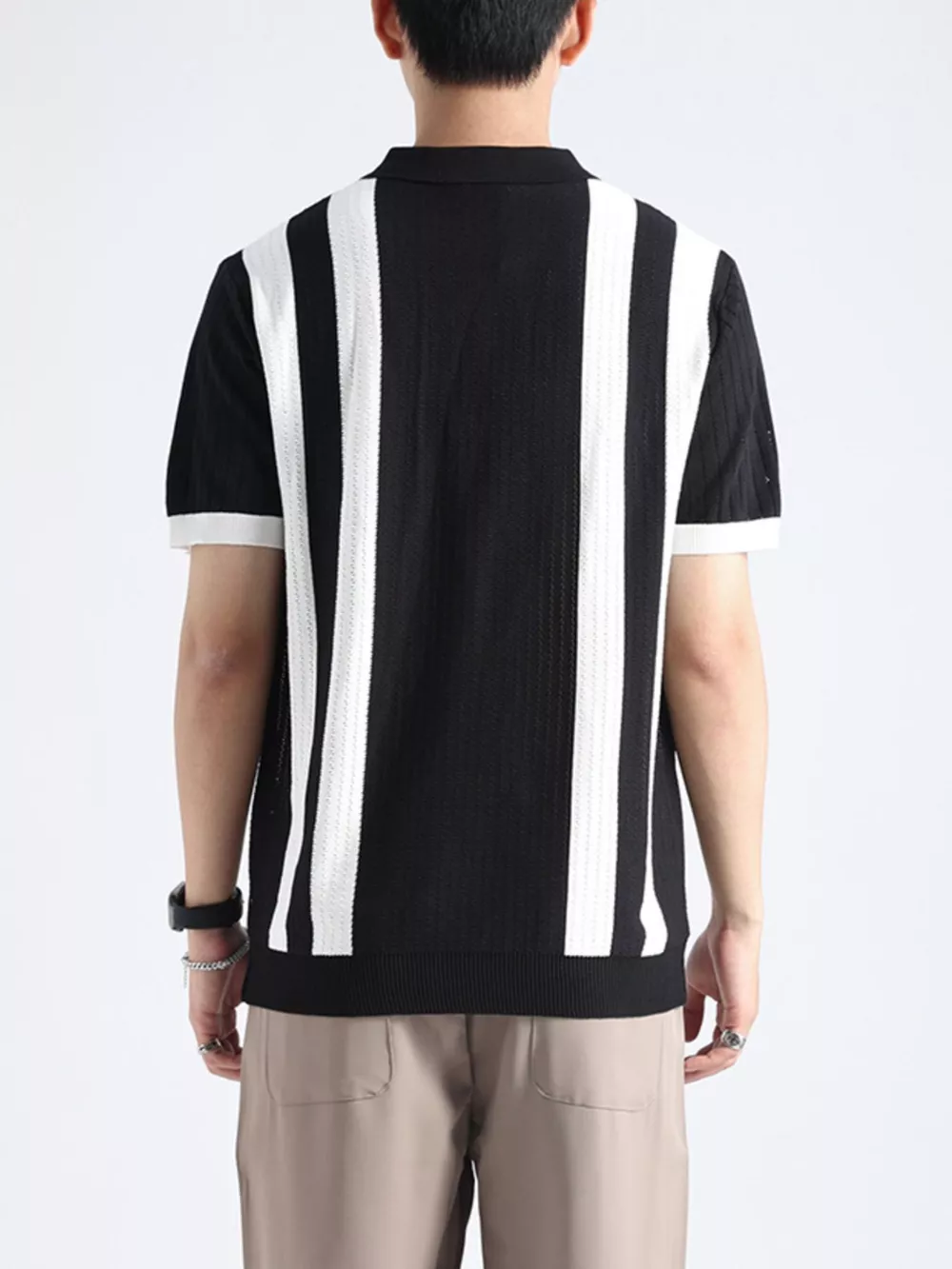 Men's Plus Size Striped Knitted Polo with Zipper, image 4