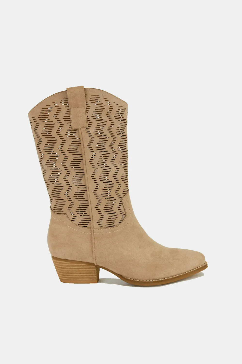 Faux Suede Laser Cut Detail Block Heel Boots, image 3