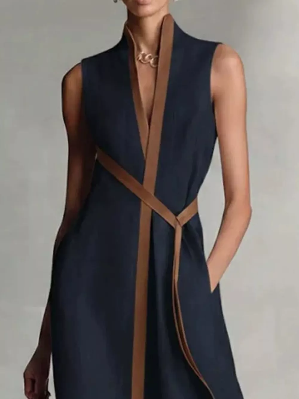 Full Size Sleeveless Wrap Maxi Dress with Contrast Trim Plus Size, image 5
