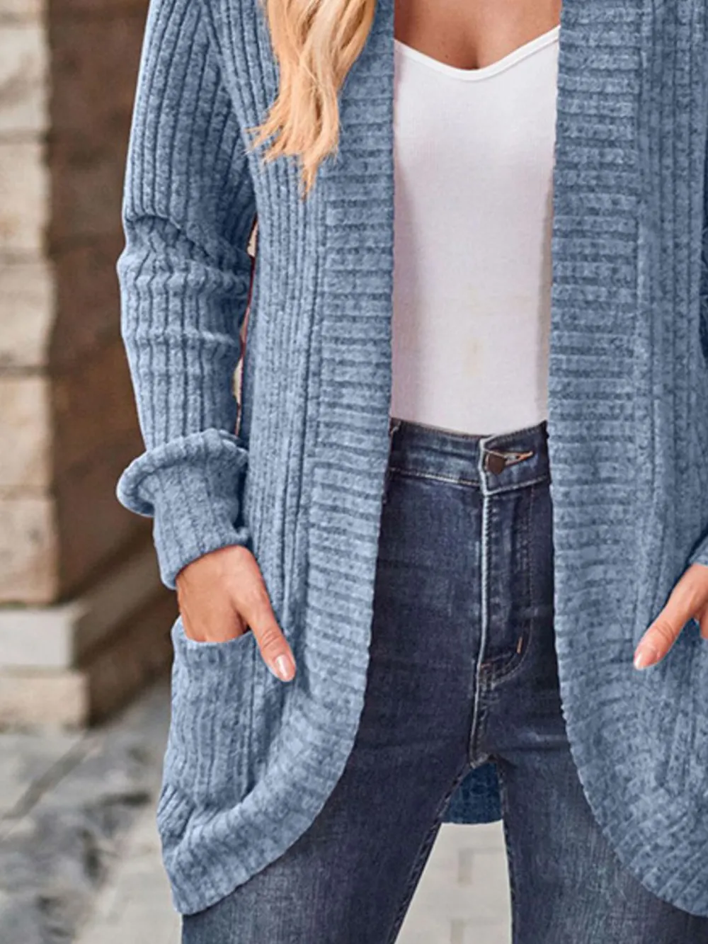 Ribbed Knit Open Front Cardigan with Pockets, image 14