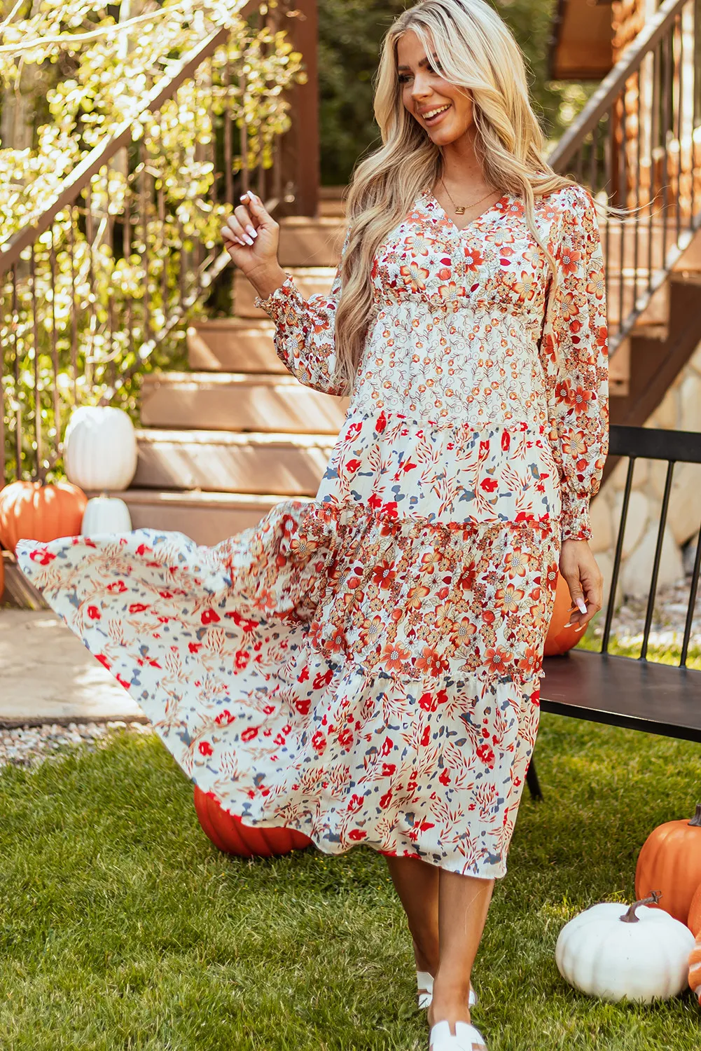 Full Size Printed V-Neck Lantern Sleeve Midi Dress, image 6