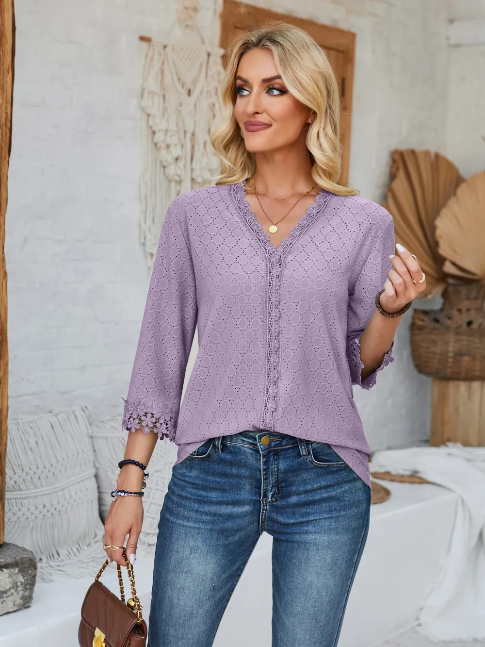 Lace Detail V-Neck Three-Quarter Sleeve Blouse, image 22