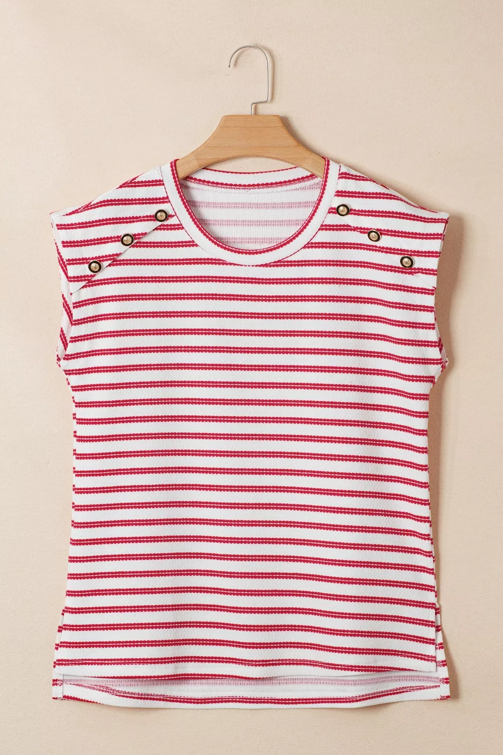 Stripe Textured Knit Button Detail Short Sleeve Casual Tee, image 7