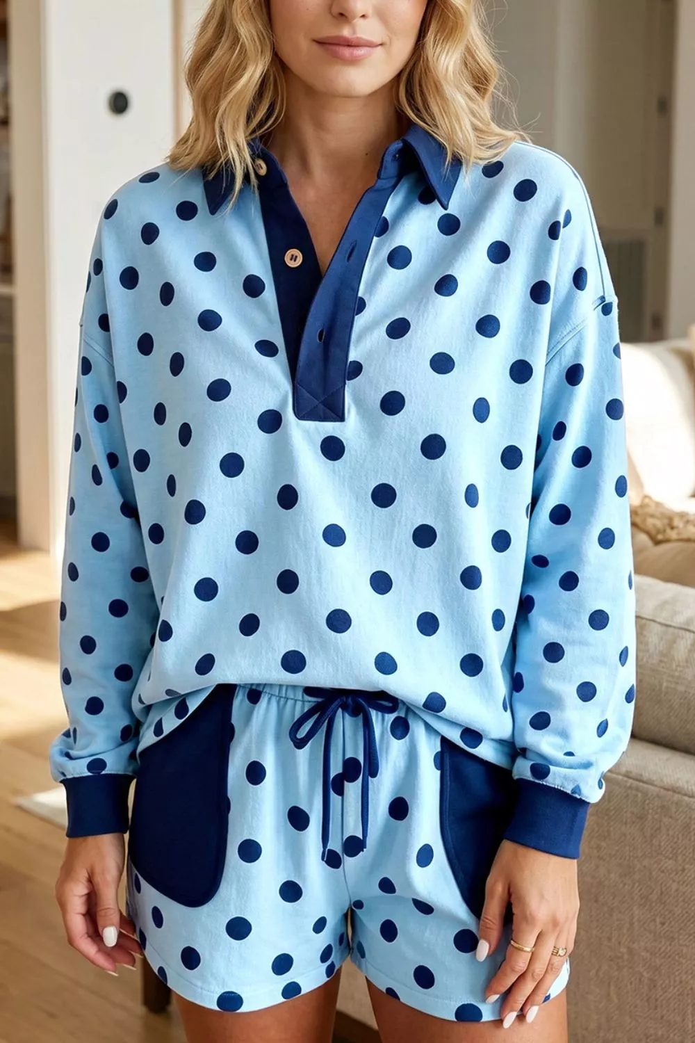 Polka Dot Drop Shoulder Polo Loose Pullover Patch Pocket Casual Shorts Set, image 2