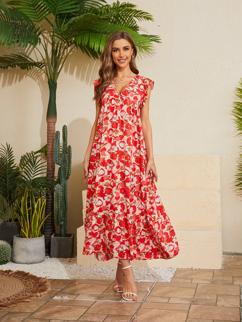 Floral V-Neck Cap Sleeve Summer Dress, image 6