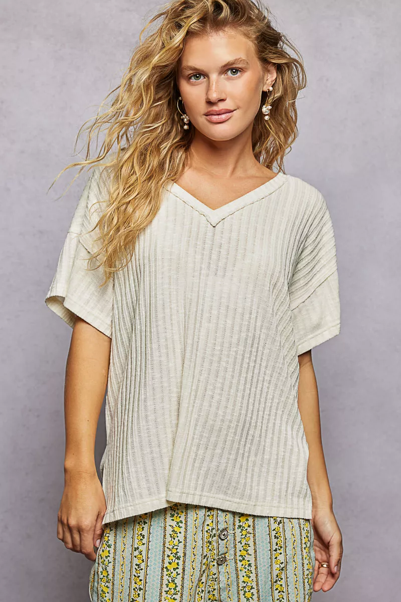 Ribbed Knit V-Neck Short Sleeve T-Shirt with Side Slit