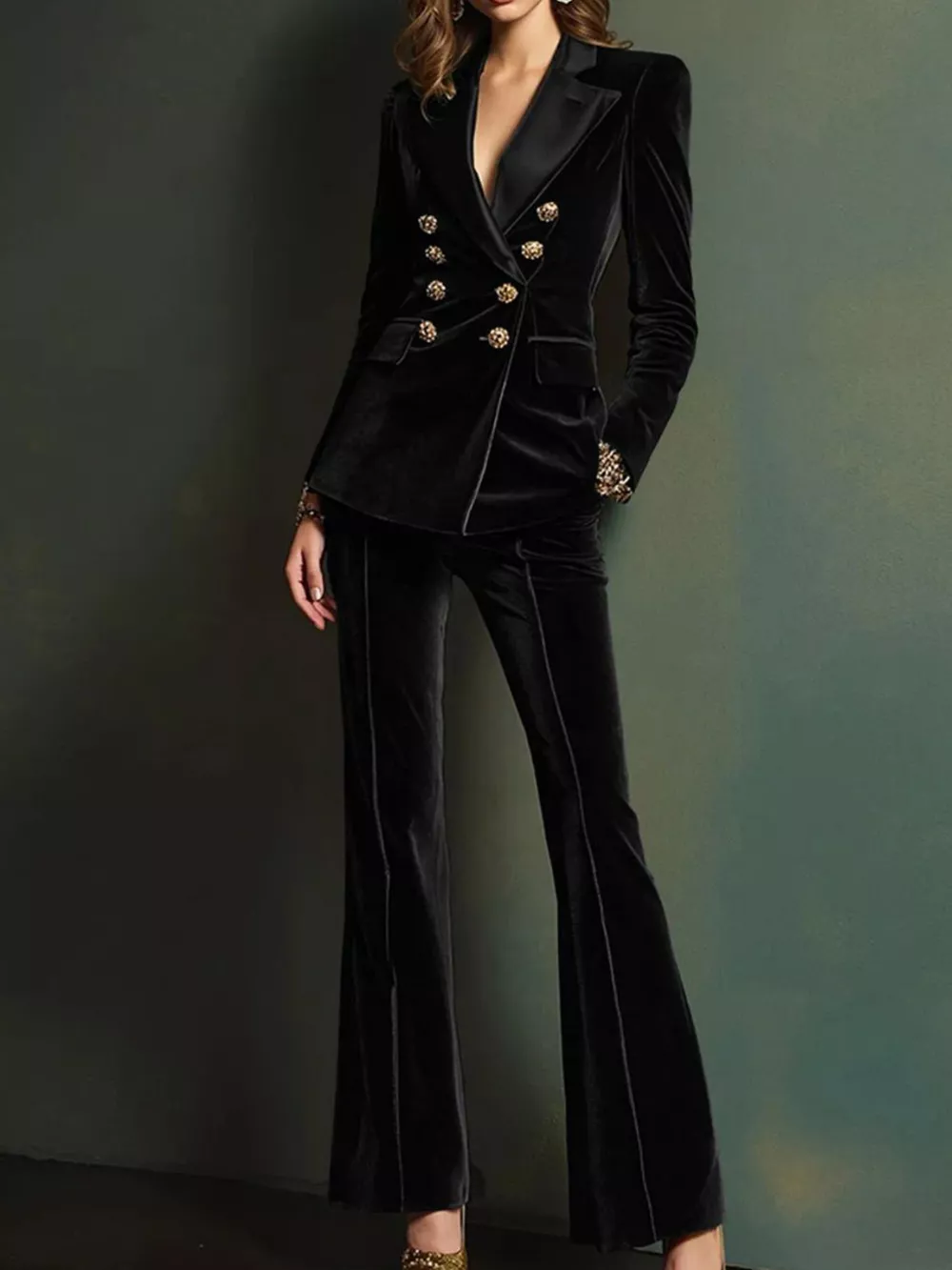 Velvet Double-Breasted Blazer and Flare Pant Set, image 4