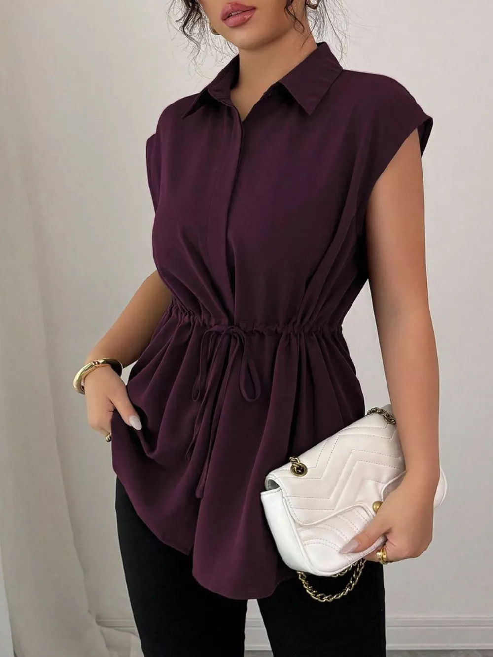 Drawstring Waist Cap Sleeve Shirt, image 34