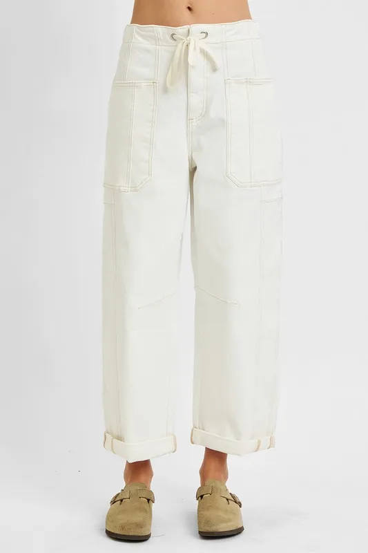 Full Size High Rise Crop Wide Barrel Cargo Pocket Jeans Plus Size