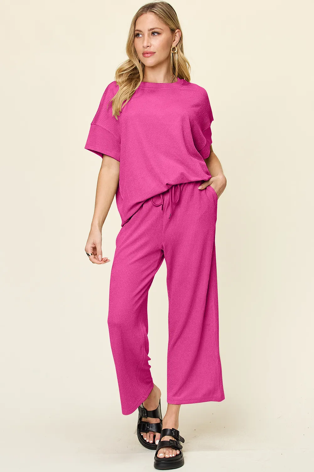 Full Size Texture Round Neck Short Sleeve T-Shirt and Wide Leg Pants, image 33