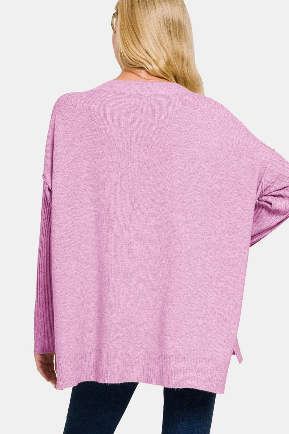 V-Neck Side Slit High-Low Sweater, image 2