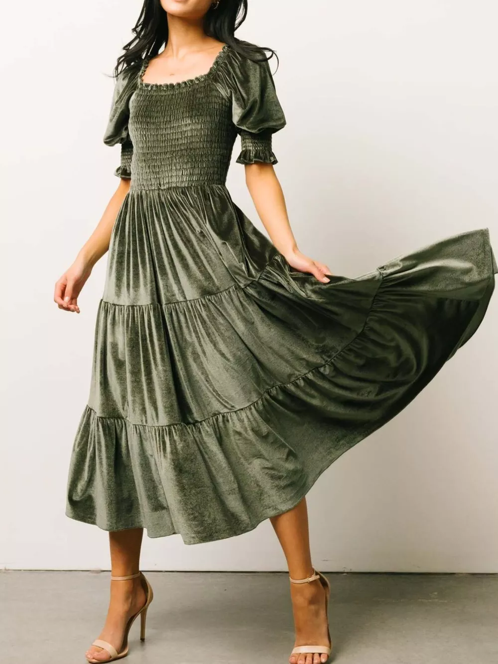 Velvet Smocked Tiered Midi Dress