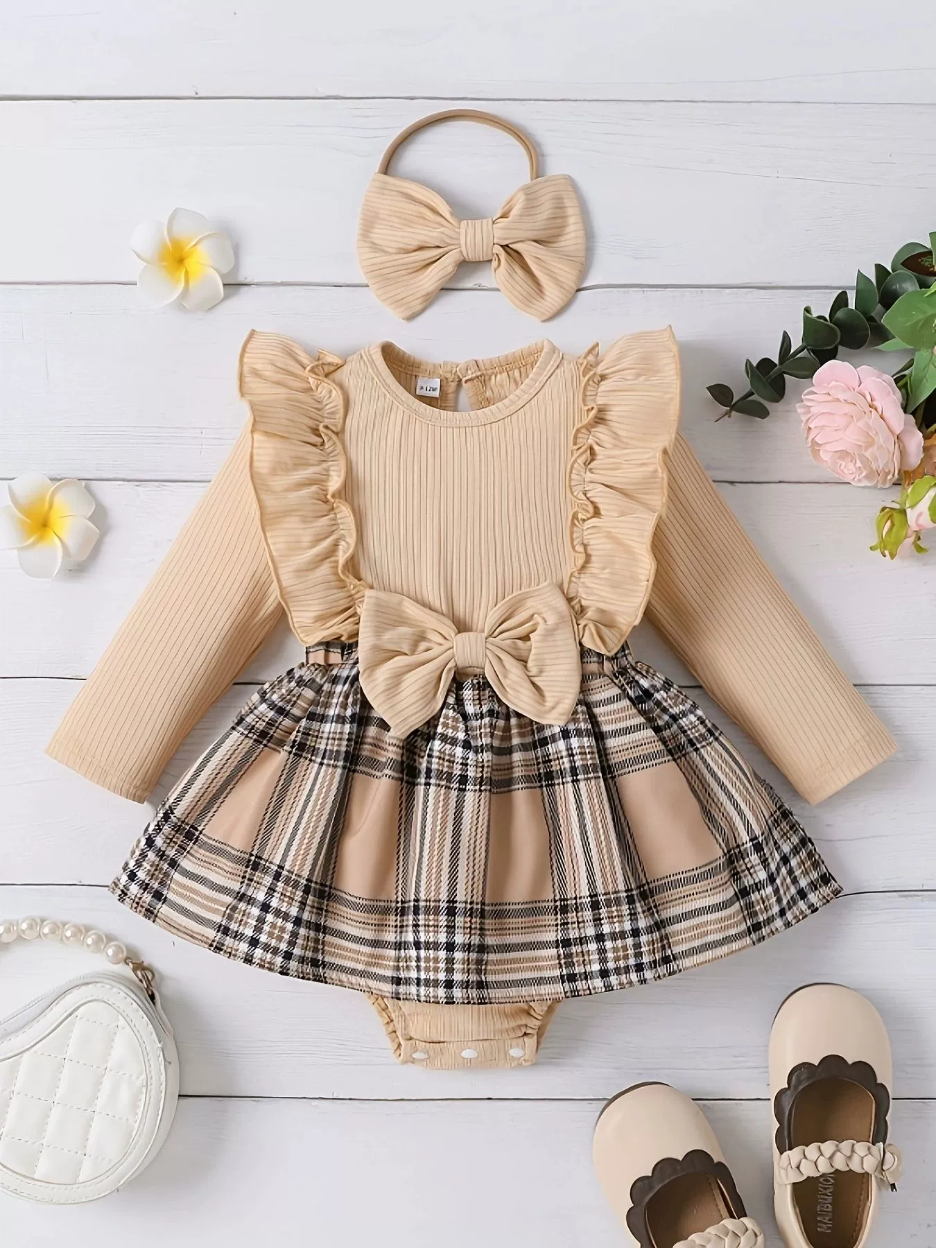 Children's Ruffle Trim Plaid Dress with Headband Set