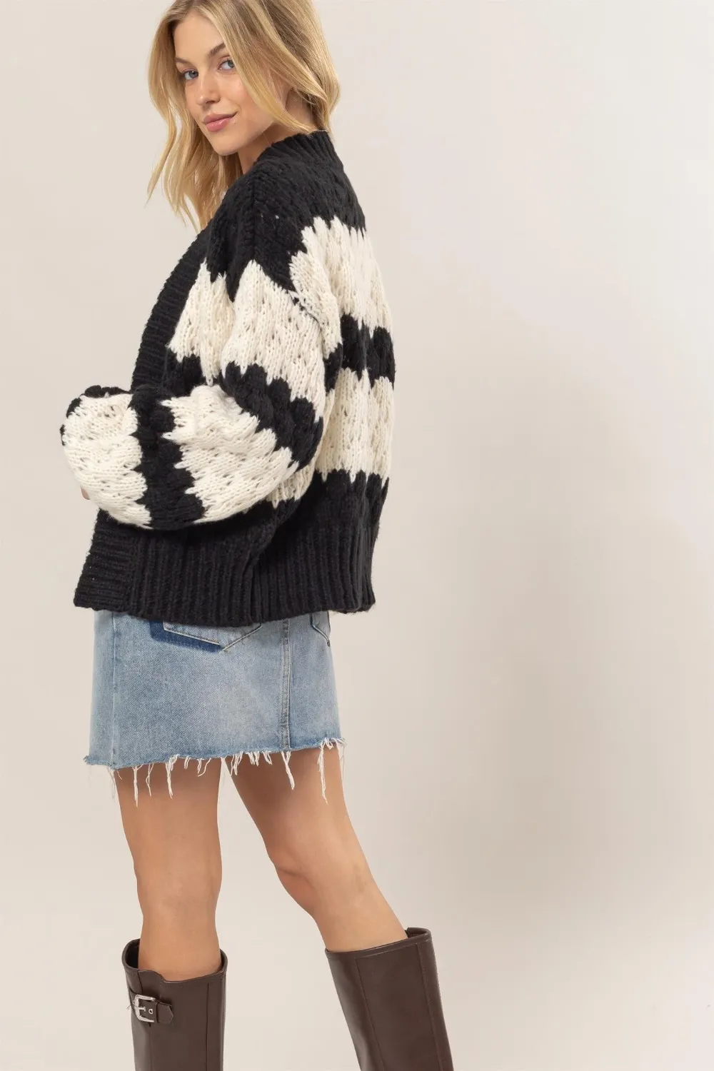 Scallop Striped Open Front Long Sleeve Sweater Cardigan, image 2