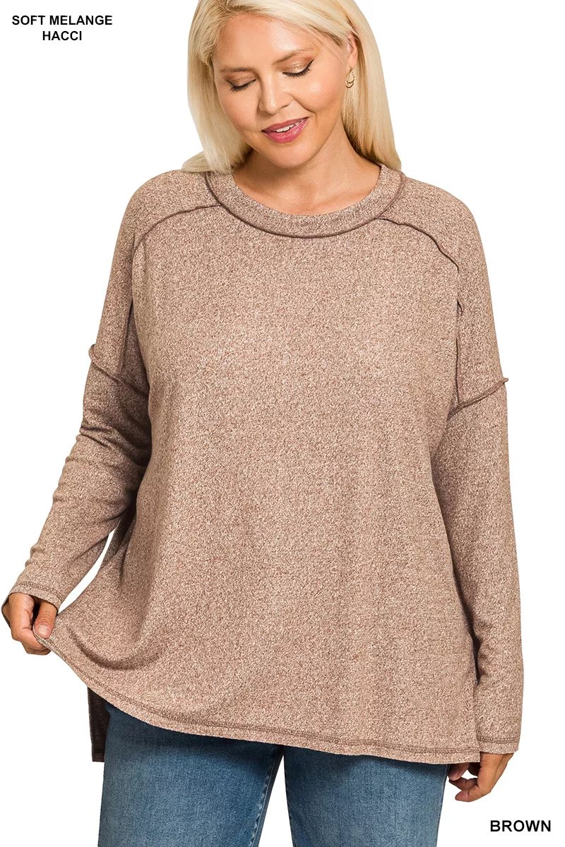 Full Size Melange Hacci Exposed Seam Hi-low Tee Plus Size, image 3