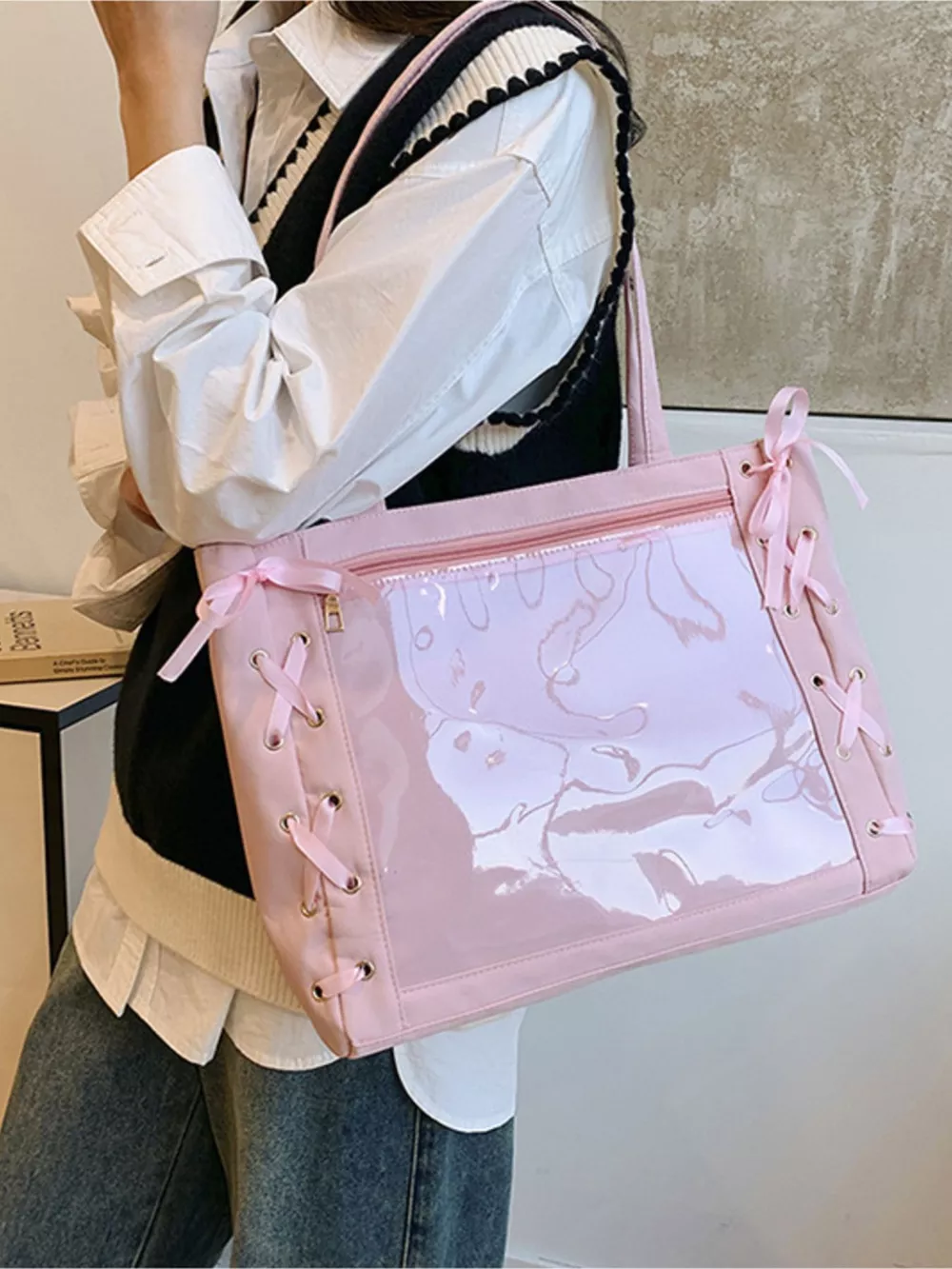 Lace-Up Trim Clear Panel Shoulder Bag, image 6