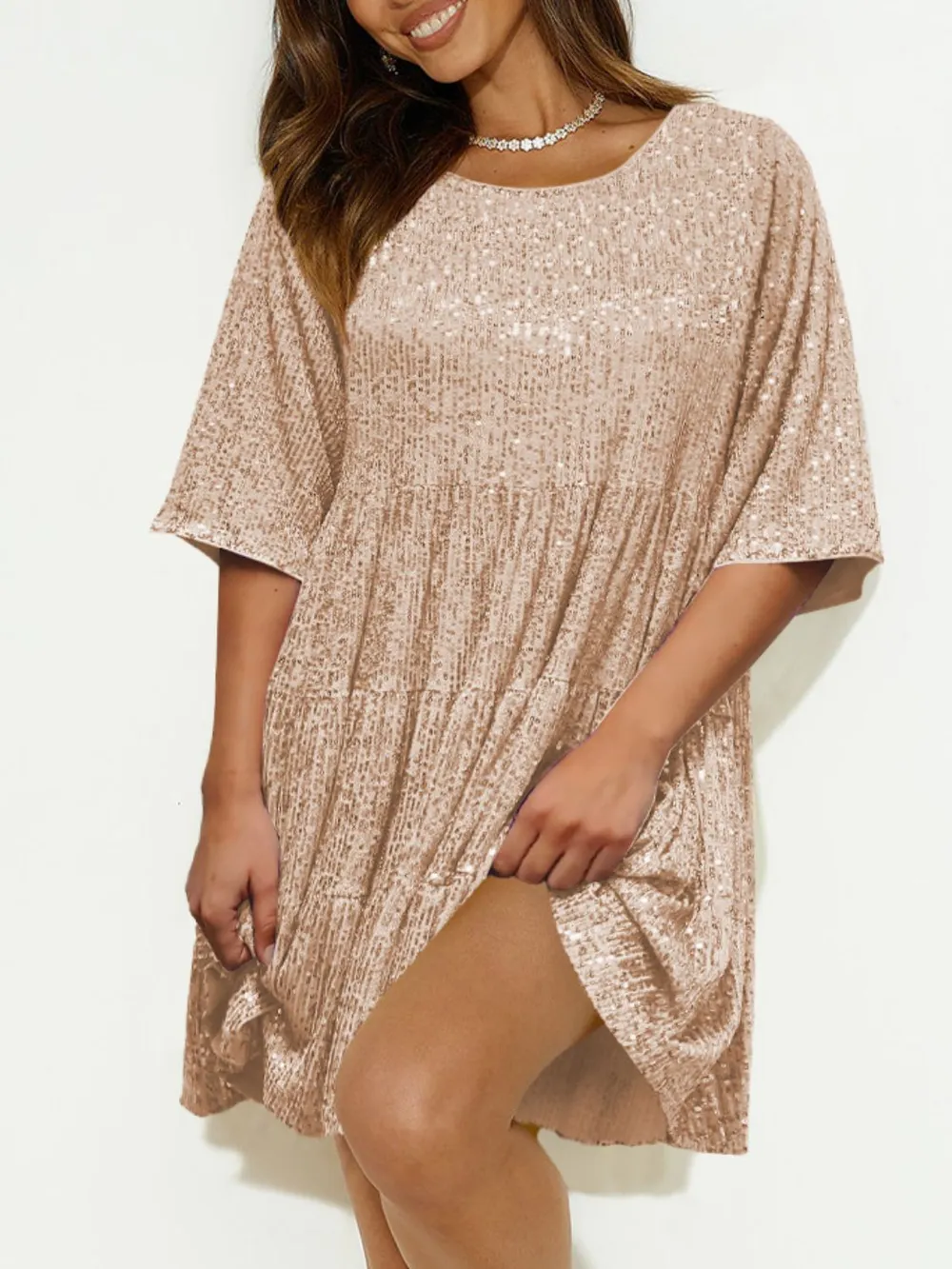Sequin Round Neck Half Sleeve Mini Dress, image 30
