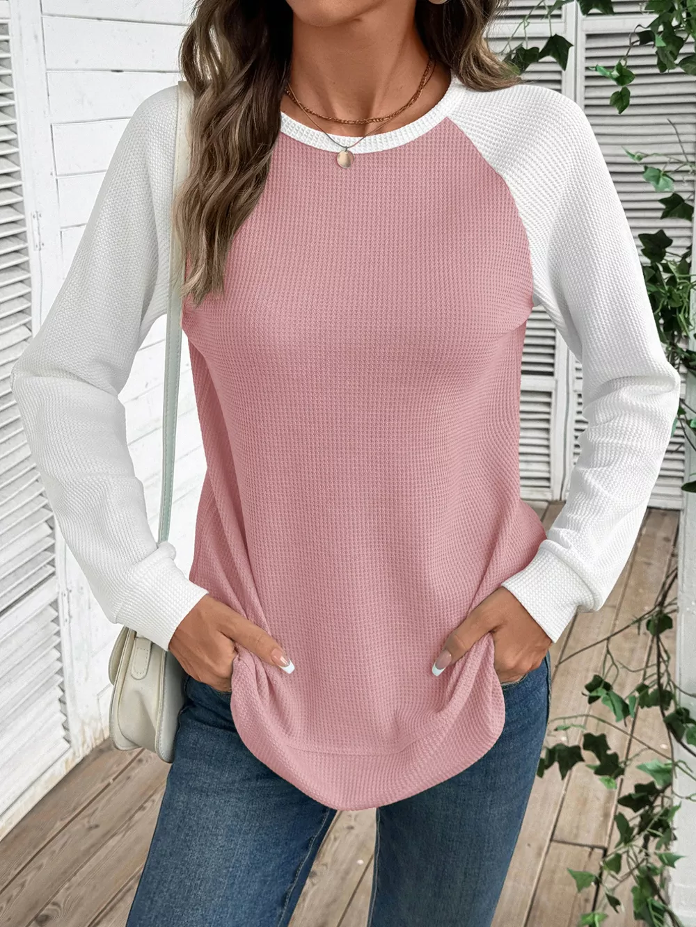 Contrast Raglan Sleeve Waffle Knit T-Shirt, image 20